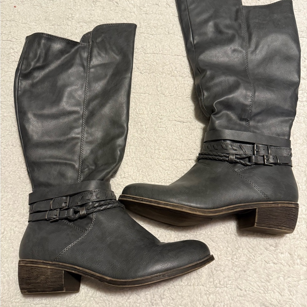 Rampage Gray wide calf Heeled Boots with Decorative Buckle